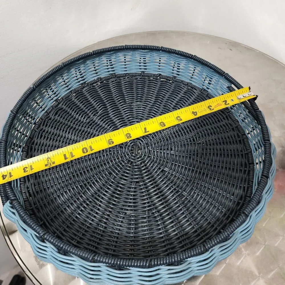 Round Two Tone Wicker Serving Tray Cutout Handles Blue Black Rattan Basket 14 in